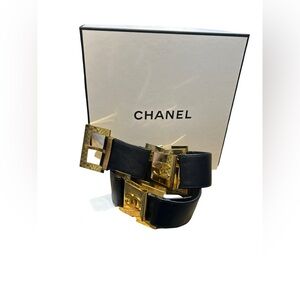CHANEL Black Leather Belt with Gold CC Statement Buckles